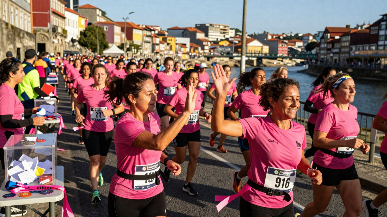 Mulheres a correr em corrida solidária, vestidas com t-shirts cor-de-rosa, junto a um rio numa cidade.