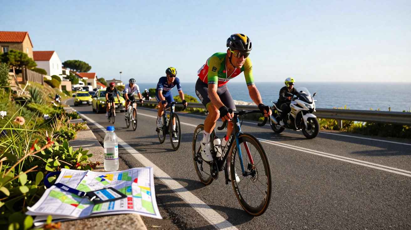 Ciclistas a competir numa estrada costeira com mota e viatura de apoio atrás e mapa com água na berma.