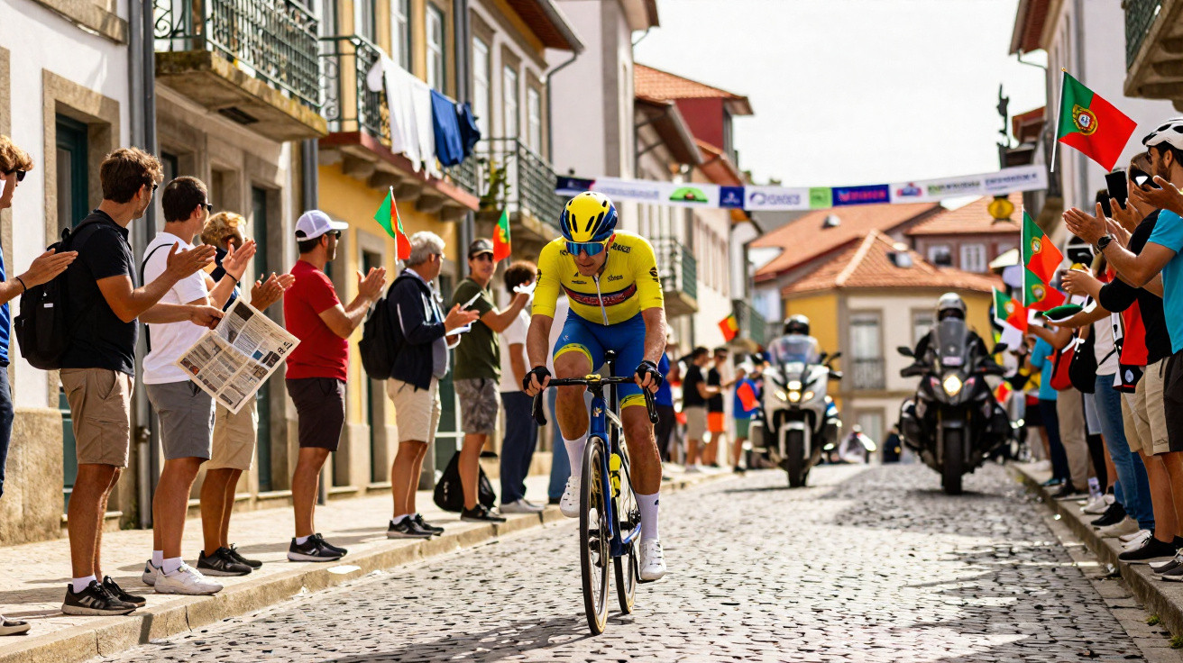 Ciclista de amarelo a pedalar numa rua de pedras com público a aplaudir e bandeiras de Portugal nas laterais.