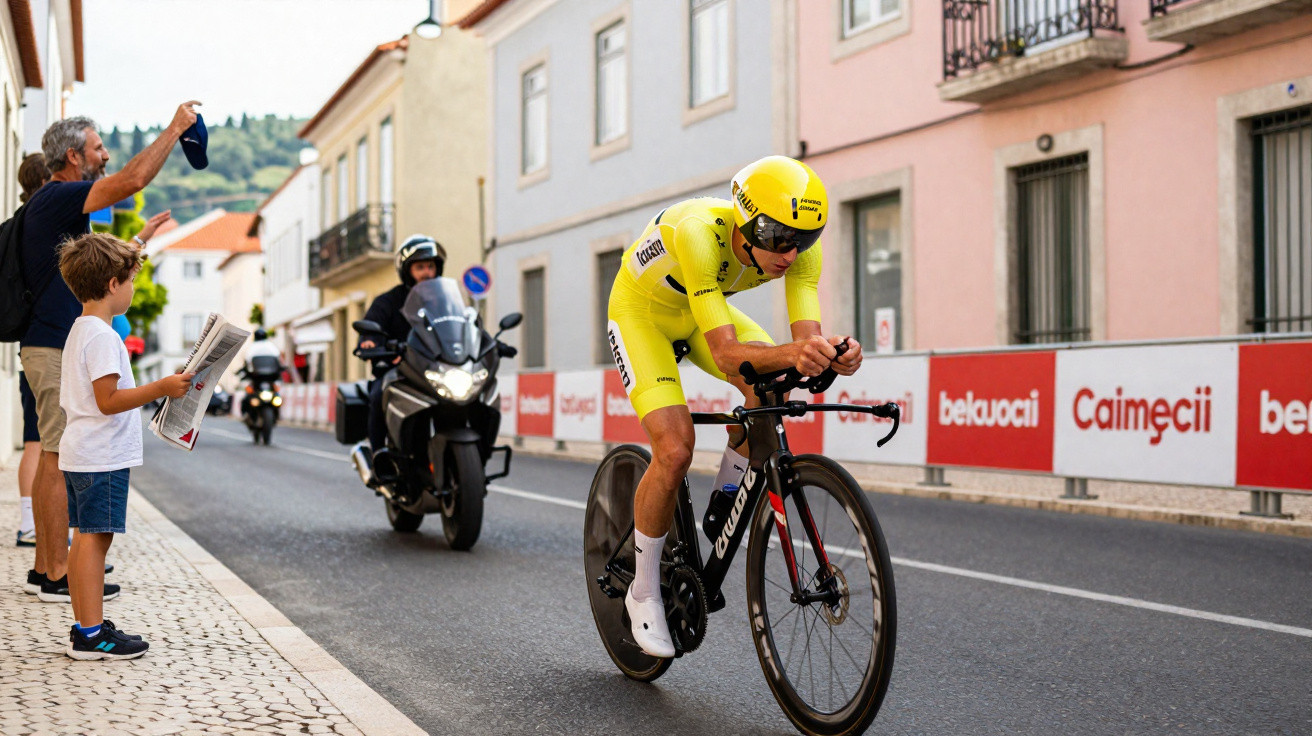 Ciclista de amarelo em competição a pedalar numa rua com espectadores e moto de apoio ao fundo.