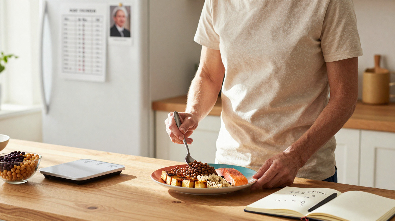 Pessoa a preparar uma refeição saudável com salmão, leguminosas e caderno de notas na cozinha moderna.