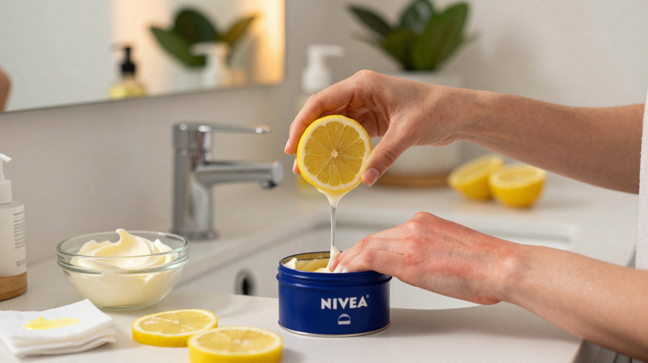 Pessoa a espremer limão sobre um recipiente azul de creme Nivea numa casa de banho.