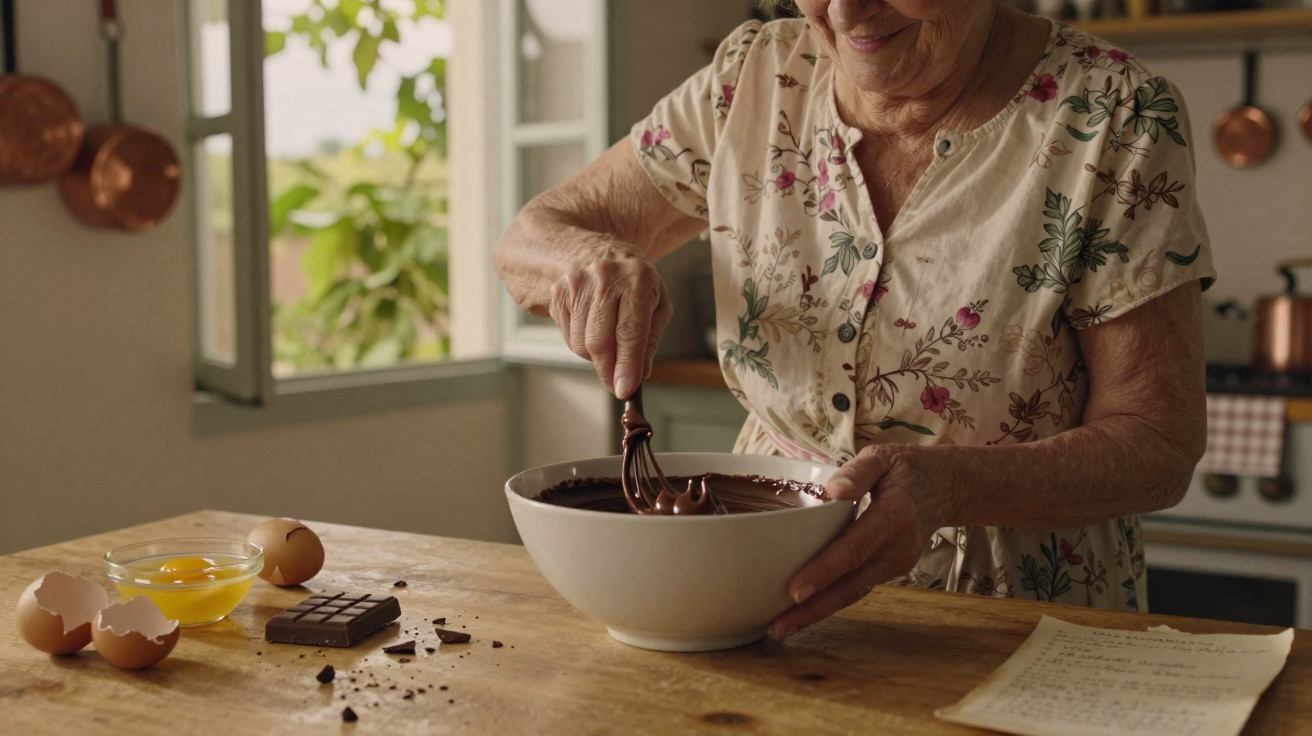 Idosa a mexer chocolate numa taça na cozinha com ovos e receita numa mesa de madeira.