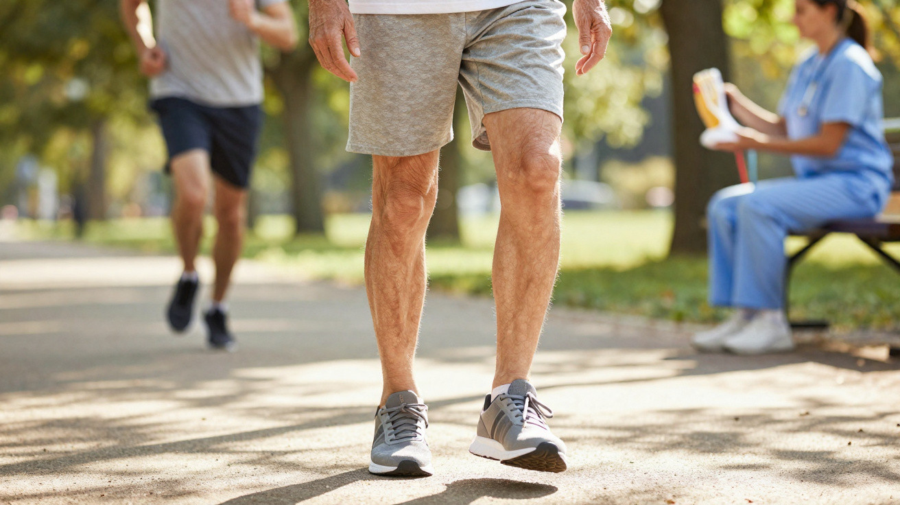 Pés e pernas de pessoa a caminhar num parque, com homem a correr ao fundo e profissional de saúde sentada num banco.