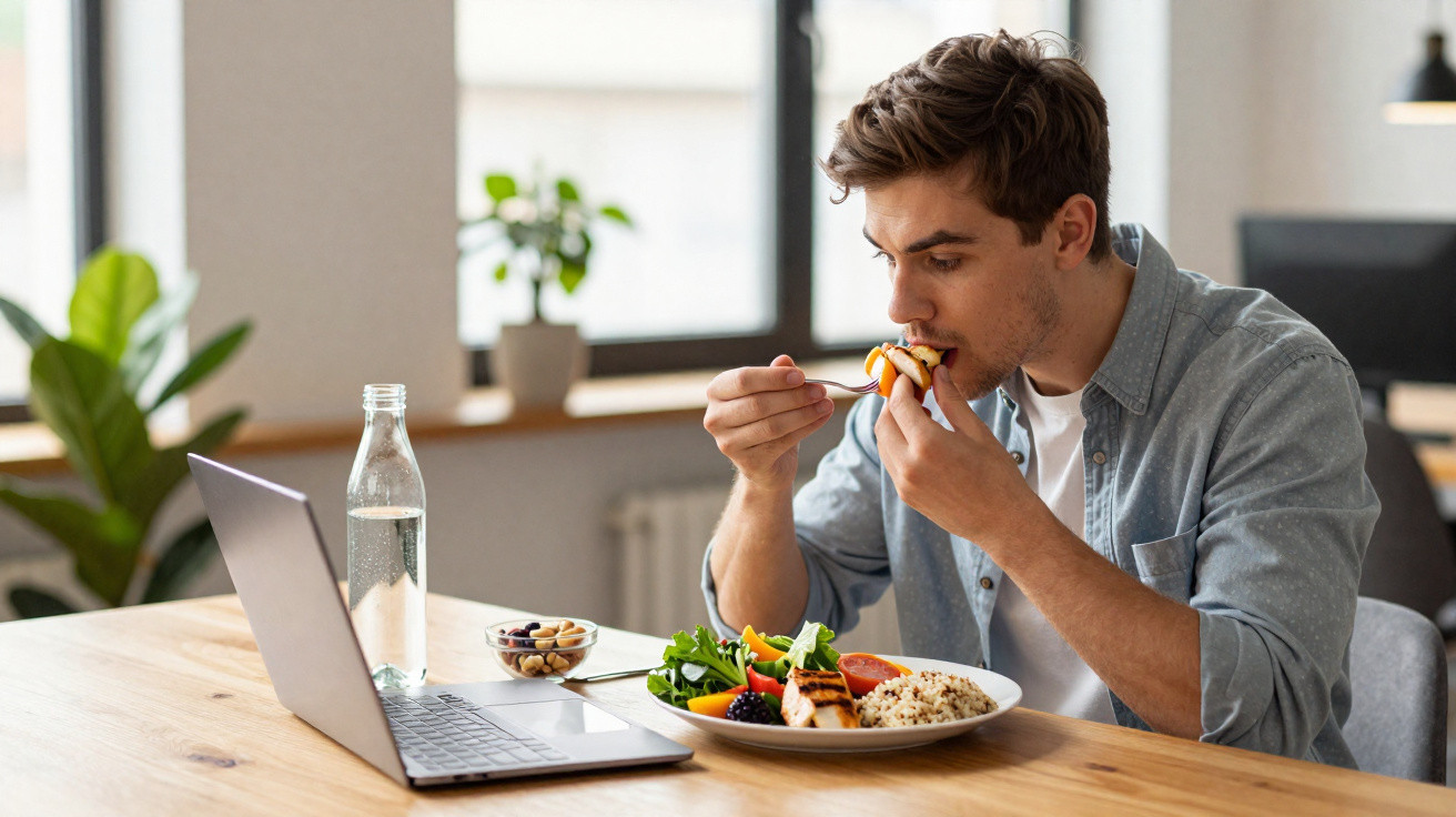 Homem a comer uma refeição saudável em frente ao portátil numa mesa com garrafa de água e plantas ao fundo.