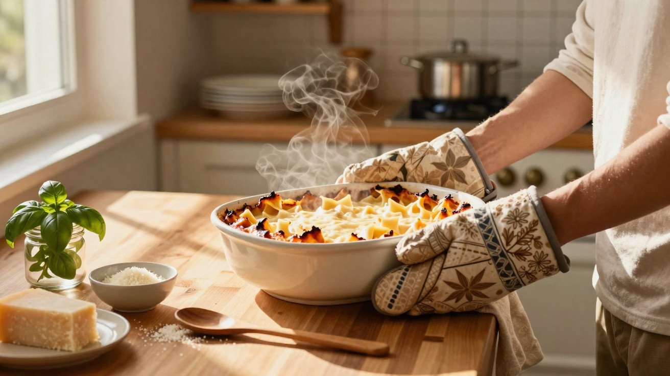 Mãos com luvas a retirar prato de lasanha fumegante do forno numa cozinha iluminada.