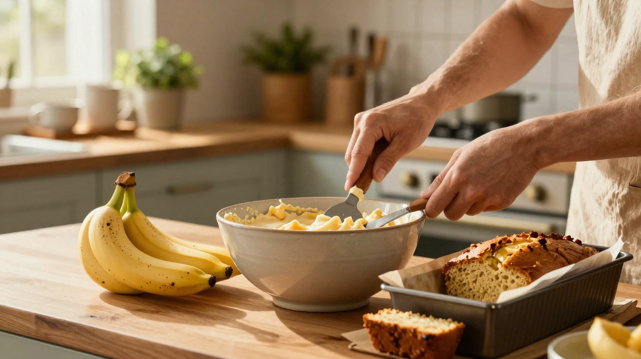 Pessoa a misturar massa para bolo numa tigela, com bananas e bolo já cozido numa cozinha iluminada.