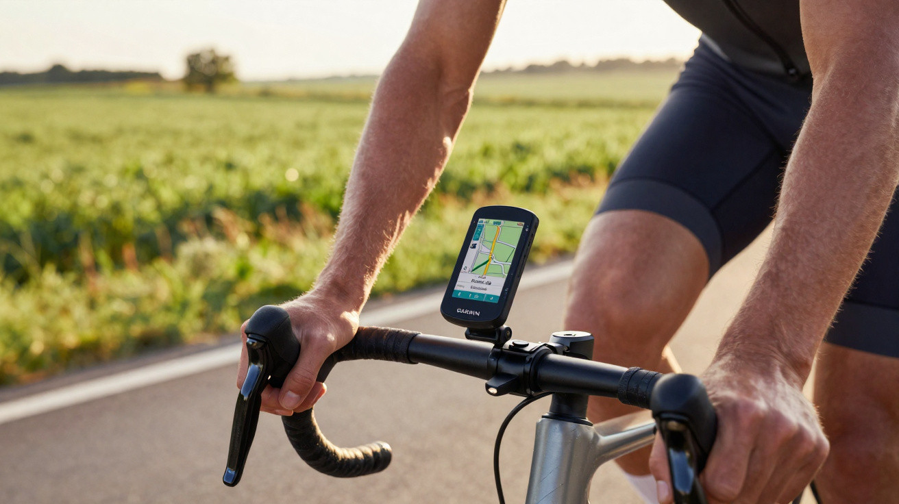 Pessoa a pedalar bicicleta com GPS Garmin montado no guiador numa estrada junto a campo verde.