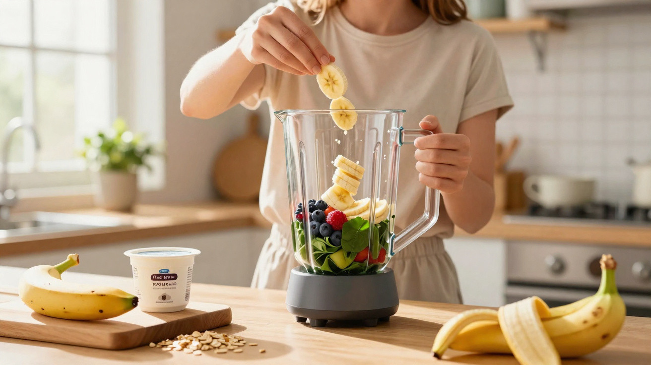 Pessoa a preparar smoothie com frutas e folhas verdes num liquidificador na cozinha.