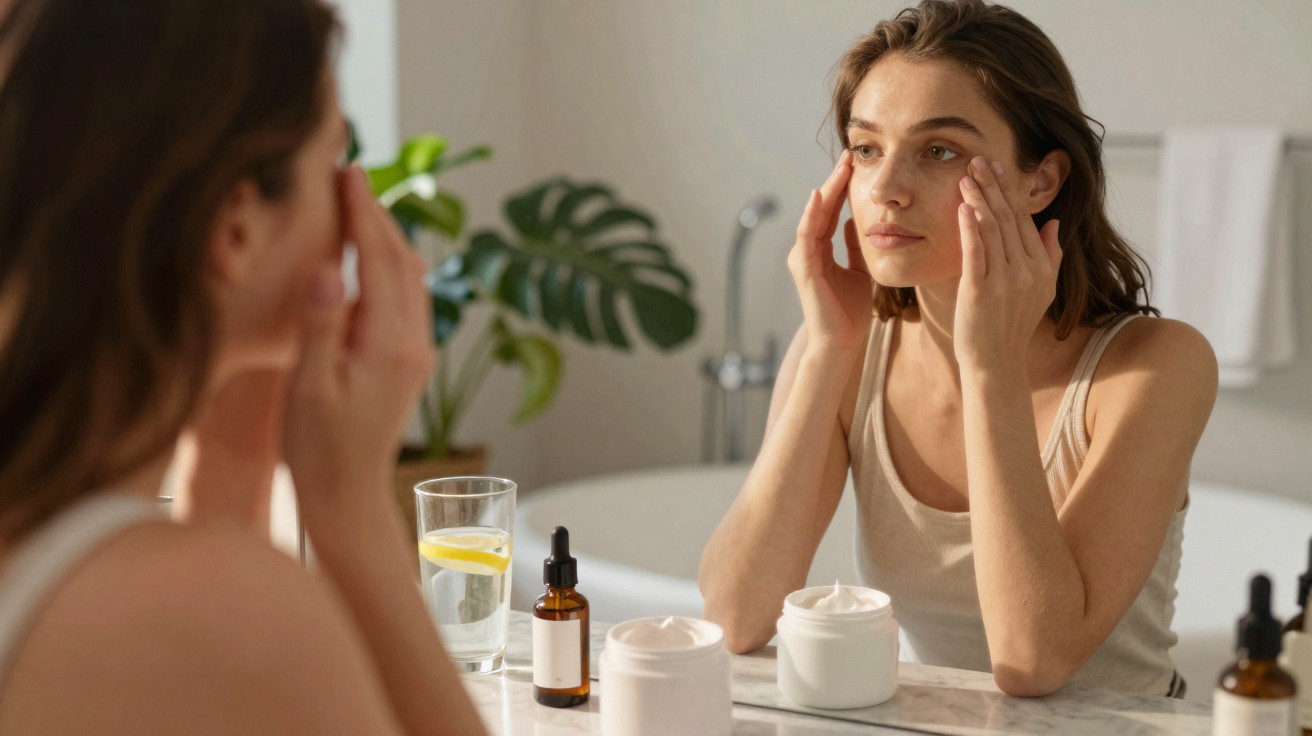 Mulher aplica creme facial em frente ao espelho num ambiente de casa de banho com plantas e toalhas ao fundo.