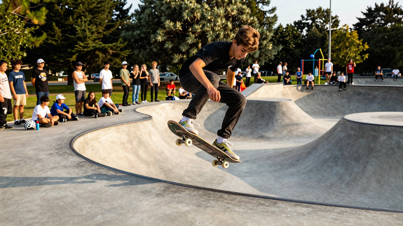 Jovem a fazer uma manobra de skate num skatepark com várias pessoas a assistir ao fundo, num dia ensolarado.
