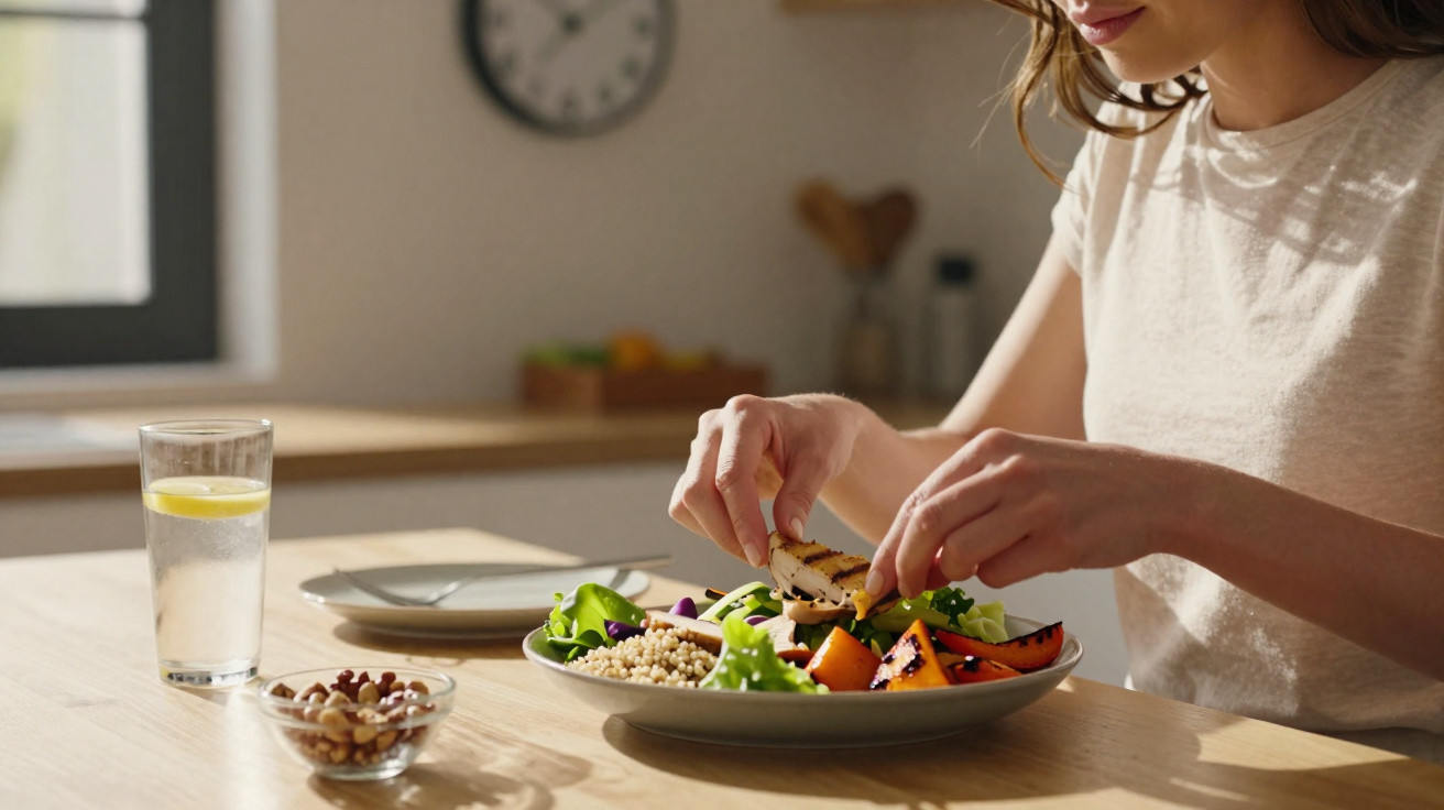 Pessoa a colocar pedaços de frango grelhado numa salada com legumes e cuscuz, com copo de água e frutos secos na mesa.
