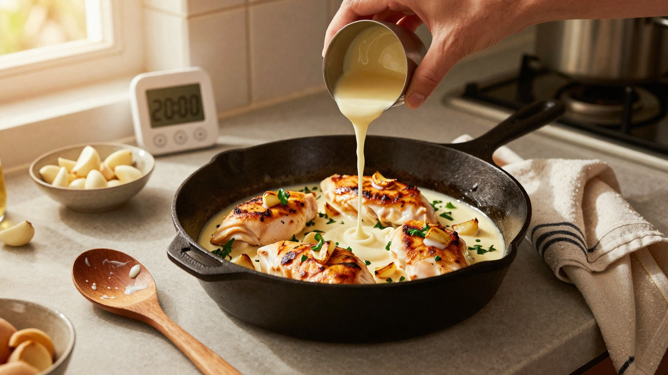 Frango grelhado numa frigideira de ferro com molho cremoso a ser despejado numa cozinha acolhedora.