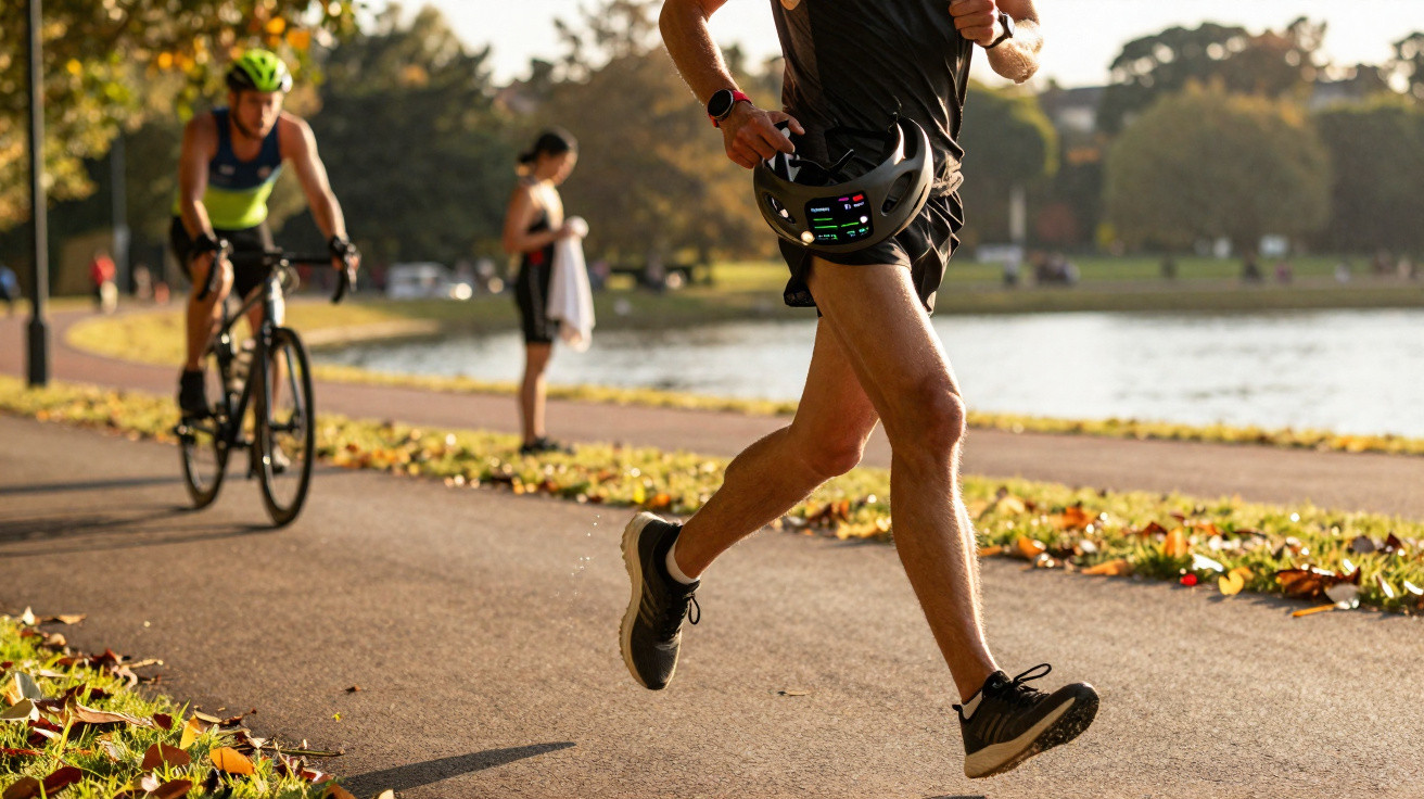 Homem a correr num parque junto a um lago com ciclista e pessoa a repousar ao fundo.