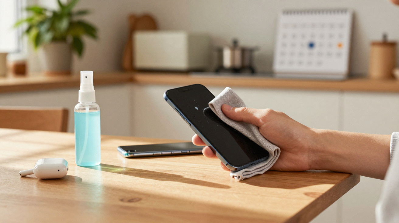 Pessoa a limpar e desinfetar ecrã de smartphone com um pano, spray desinfetante, auriculares e outro telemóvel numa mesa.