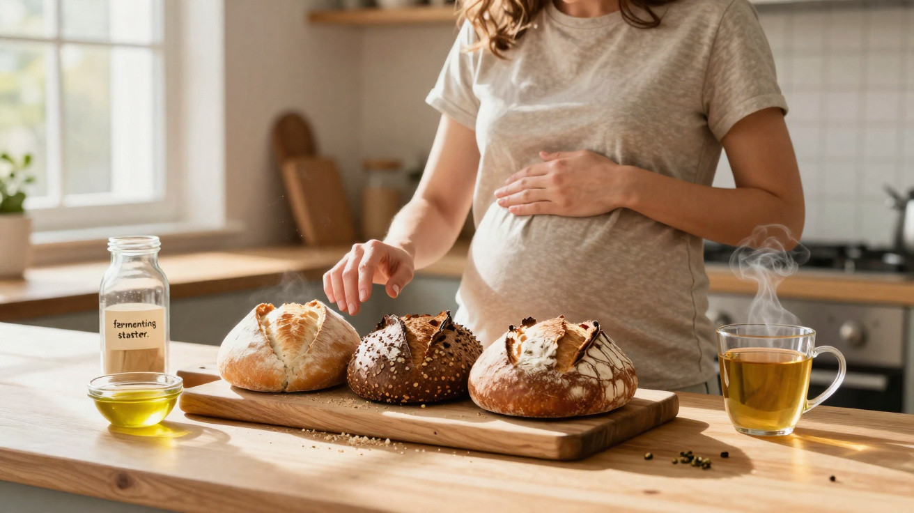 Mulher grávida segura a barriga e escolhe pão numa cozinha com chá e azeite.