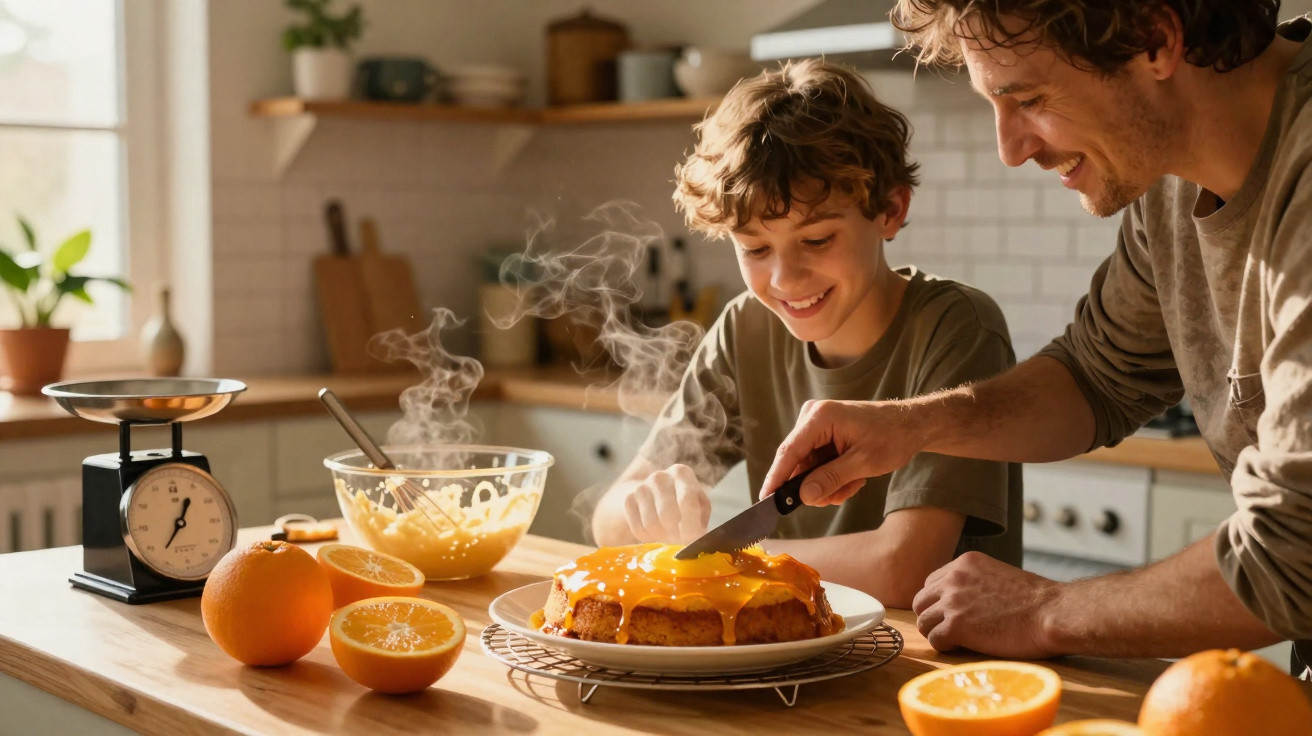 Pai e filho a cortarem um bolo de laranja quente e fumegante numa cozinha iluminada.