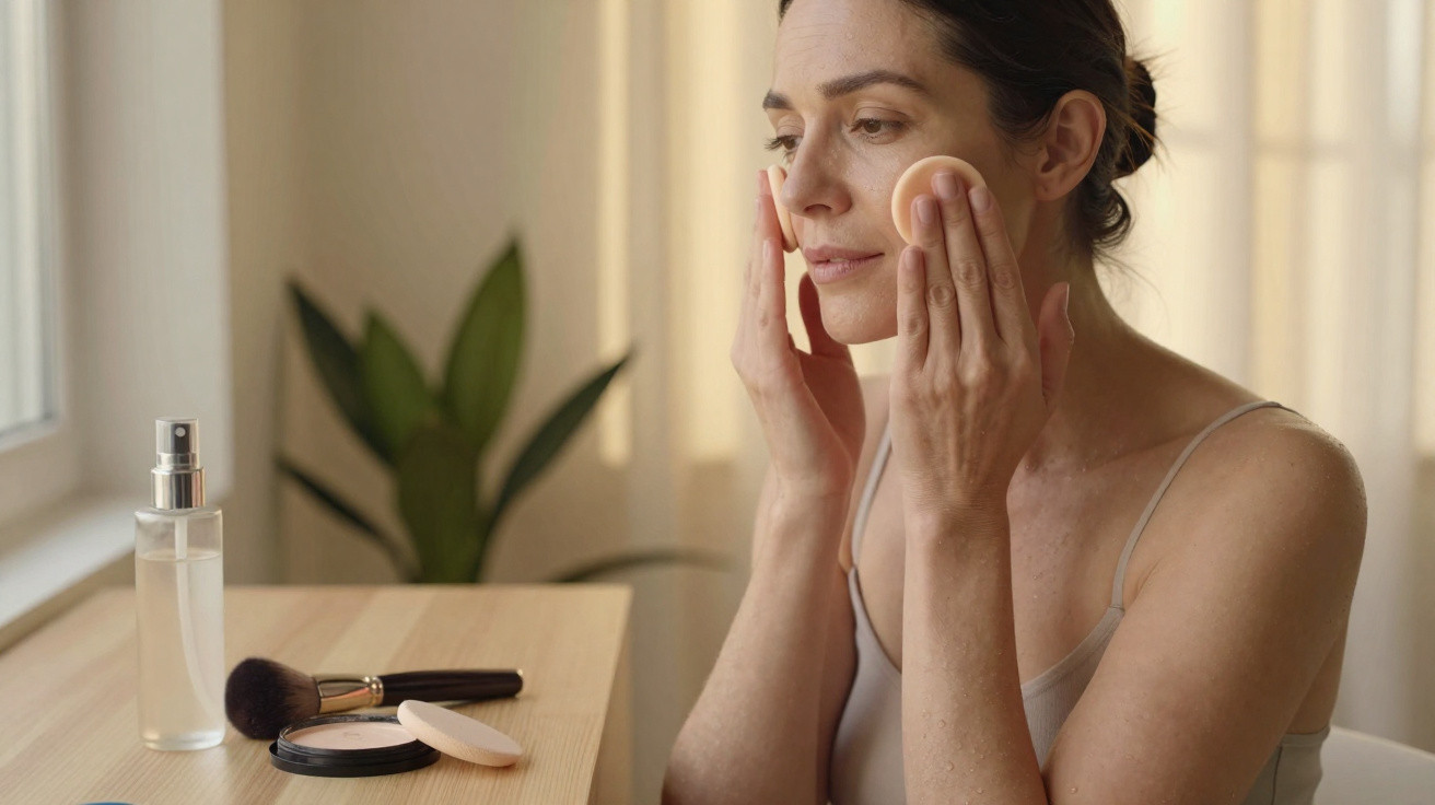 Mulher aplica maquilhagem com esponja no rosto, sentada junto a mesa com pincel e spray.