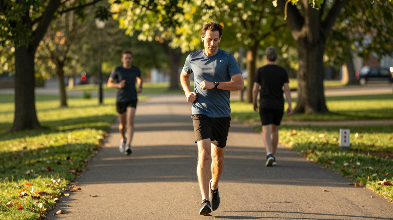 Homem a correr num parque com duas pessoas ao fundo a caminhar e correr, em dia soalheiro.