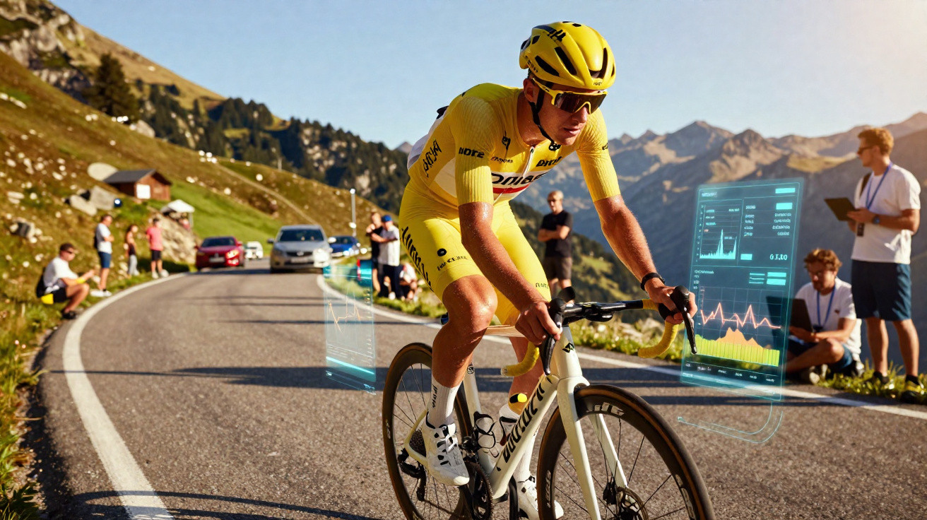 Ciclista em equipamento amarelo a pedalar numa estrada de montanha com gráficos digitais ao lado.