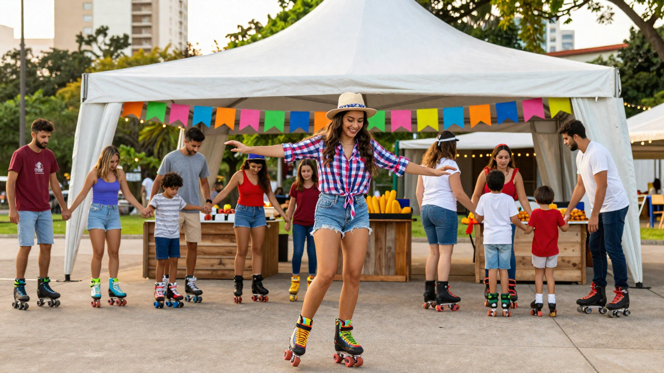 Grupo de pessoas de várias idades a andar de patins em evento ao ar livre com tenda decorada com bandeirolas coloridas.