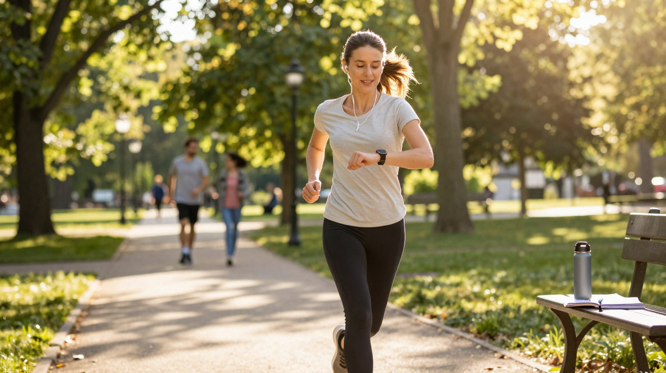 Mulher a correr em parque com roupa desportiva, a olhar para relógio, ao final da tarde.
