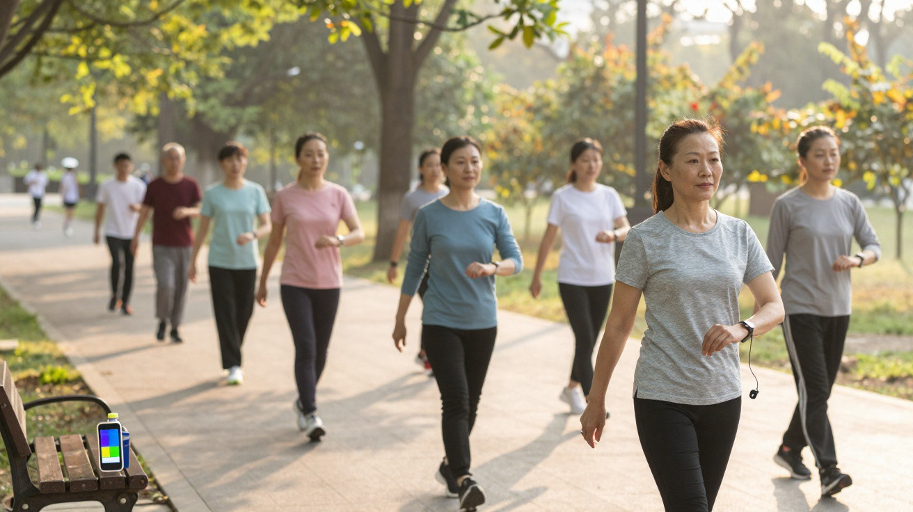 Grupo de pessoas a fazer caminhada matinal num parque com árvores e caminhos largos.
