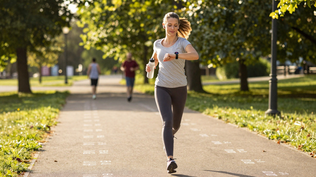 Mulher a correr num parque, a olhar para o relógio no pulso, com garrafa de água na mão.