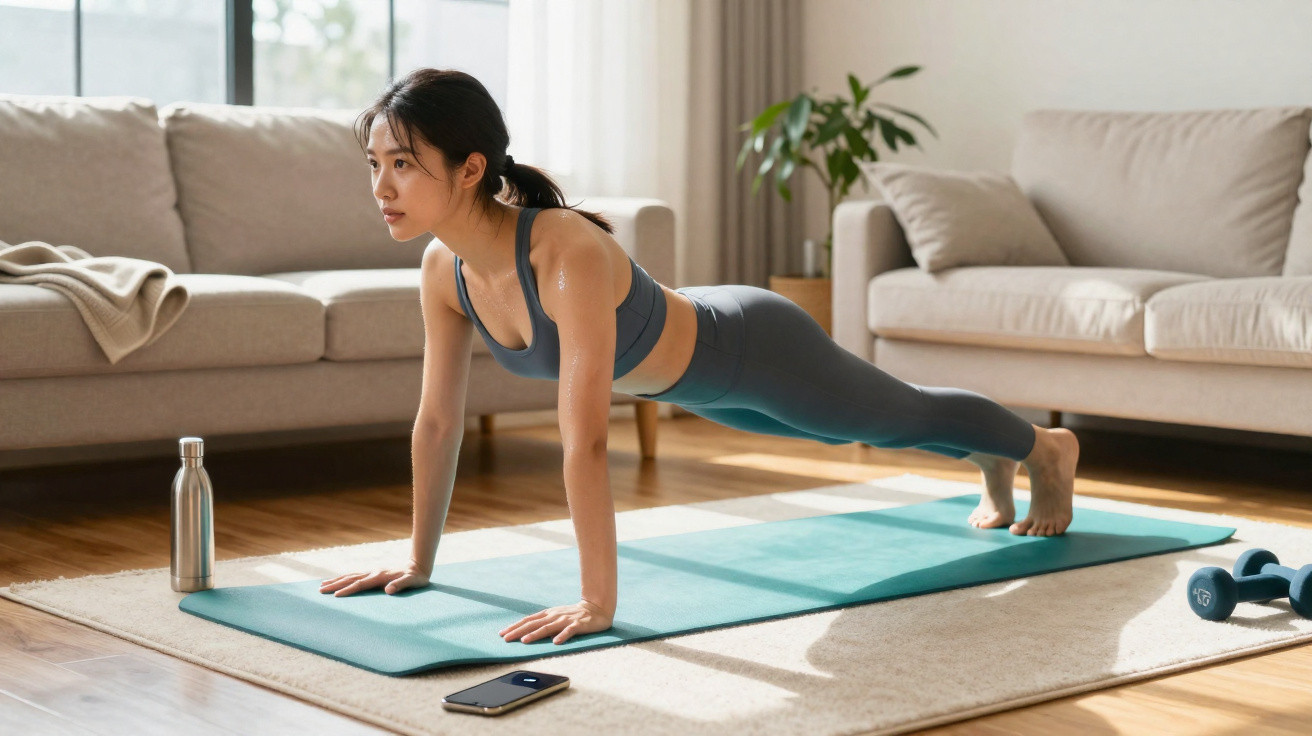 Mulher a fazer prancha em tapete de yoga na sala, rodeada de halteres, garrafa e telemóvel.