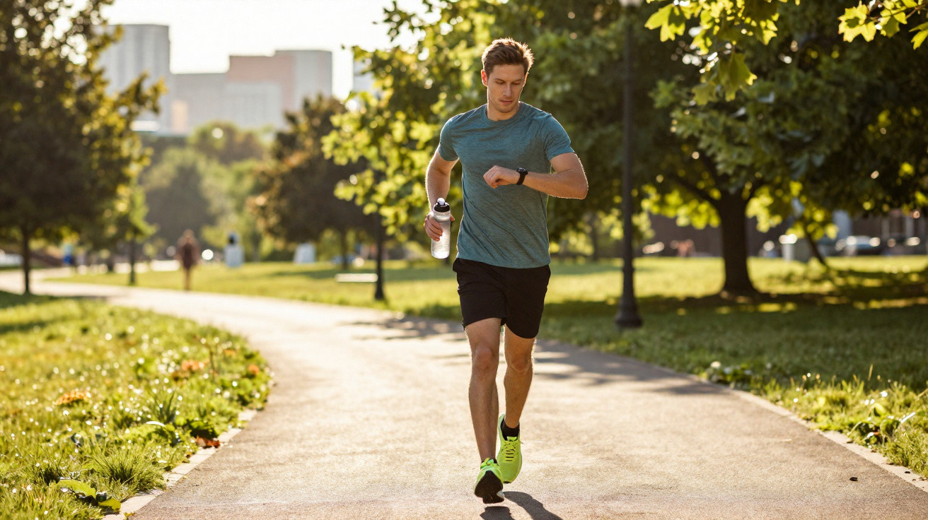 Homem a correr num parque ensolarado, a olhar para o relógio e a segurar uma garrafa de água.