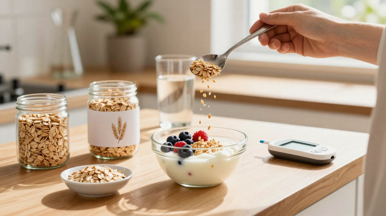 Pessoa adiciona aveia a taça com iogurte e frutos vermelhos numa cozinha iluminada.