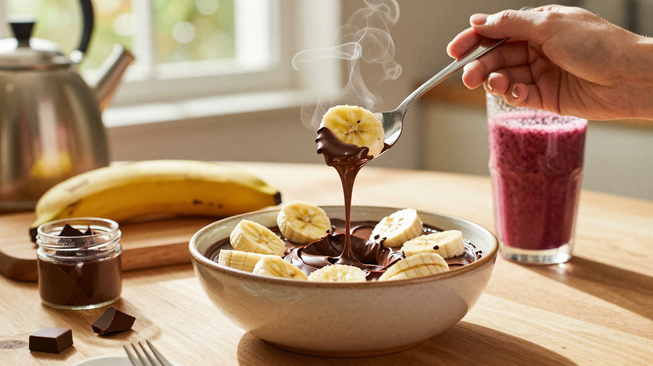 Tigela com banana fatiada e chocolate derretido, à frente de um batido rosa e chaleira em fundo desfocado.