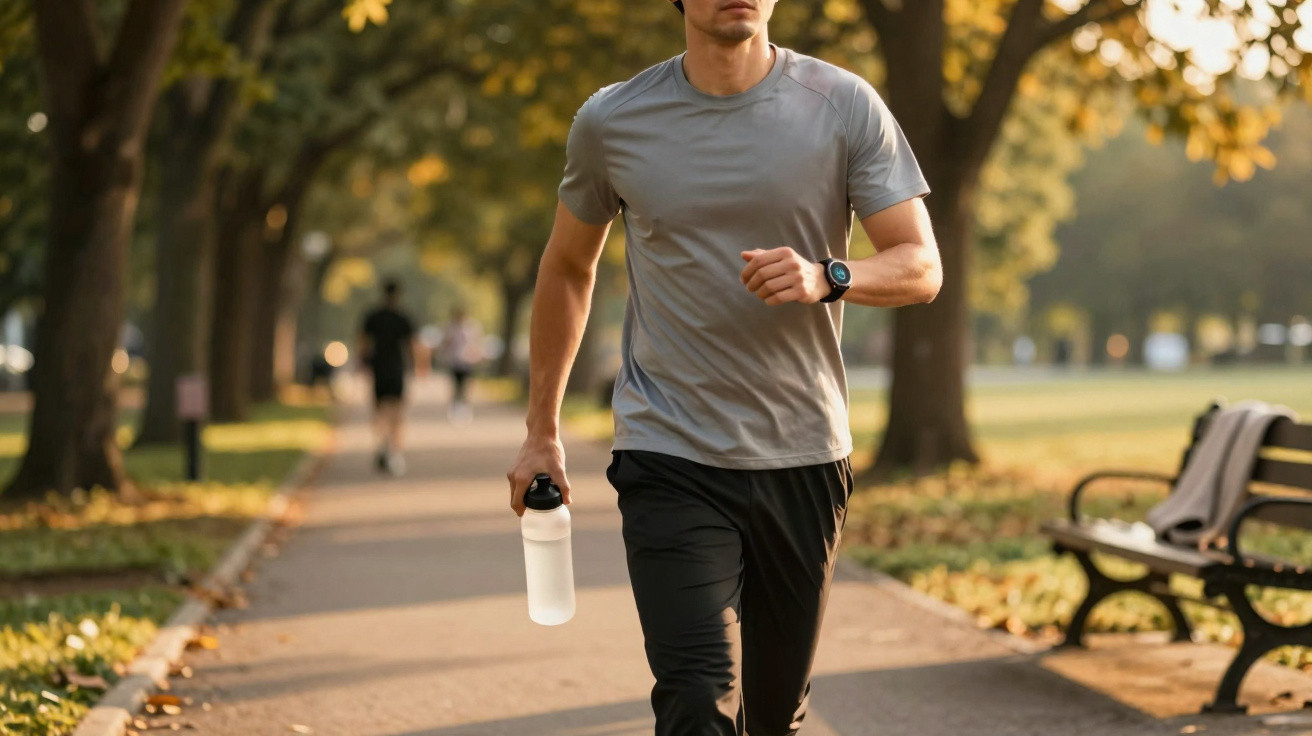 Homem a correr num parque ao pôr do sol, com garrafa de água na mão e relógio desportivo no pulso.