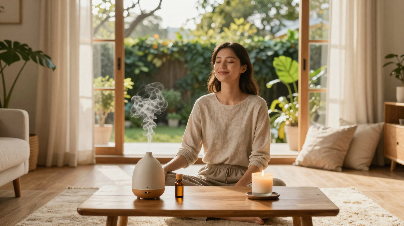 Mulher sentada no chão a meditar com aroma de difusor e vela acesa numa sala com luz natural.