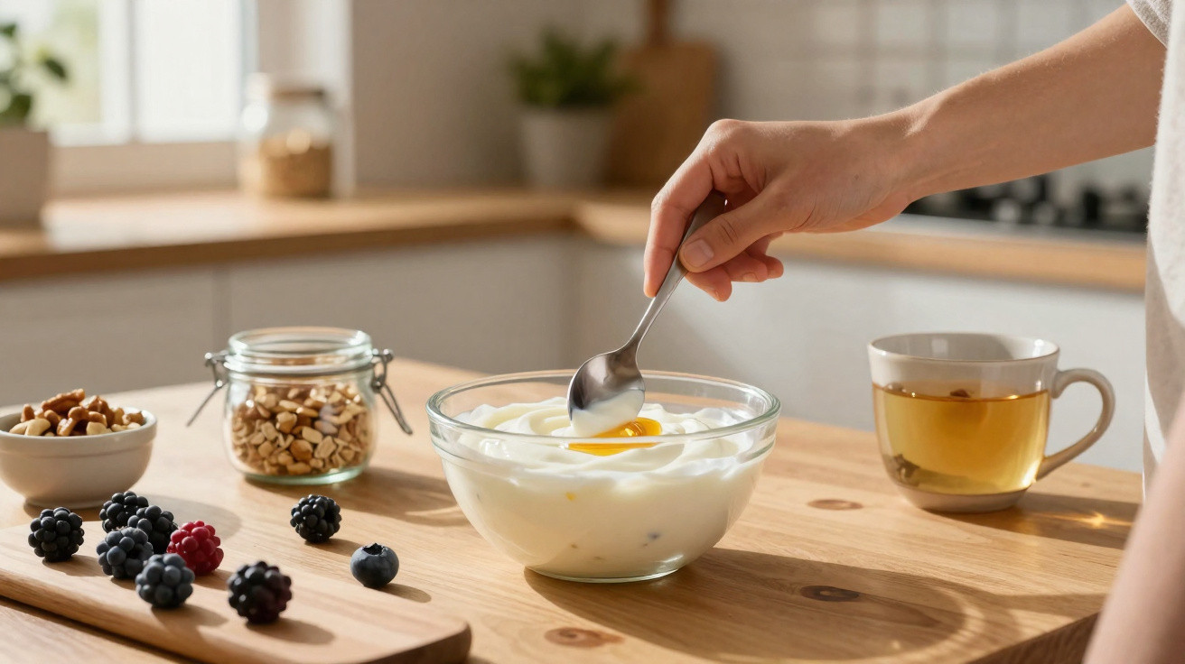 Pessoa a mexer iogurte com um pouco de mel, frutas vermelhas, frutos secos e chá numa cozinha iluminada.