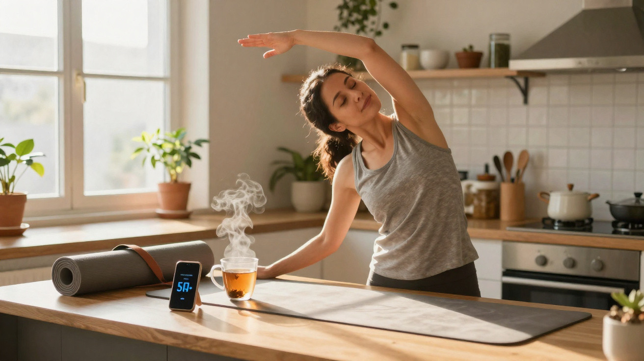 Mulher a fazer alongamentos numa cozinha iluminada, com tapete de yoga e chá quente na bancada.