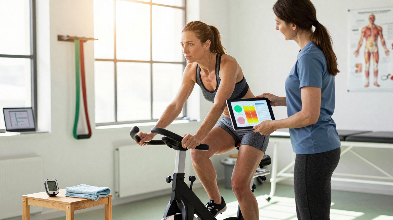 Mulher a pedalar numa bicicleta estática com acompanhamento de profissional que mostra dados num tablet.
