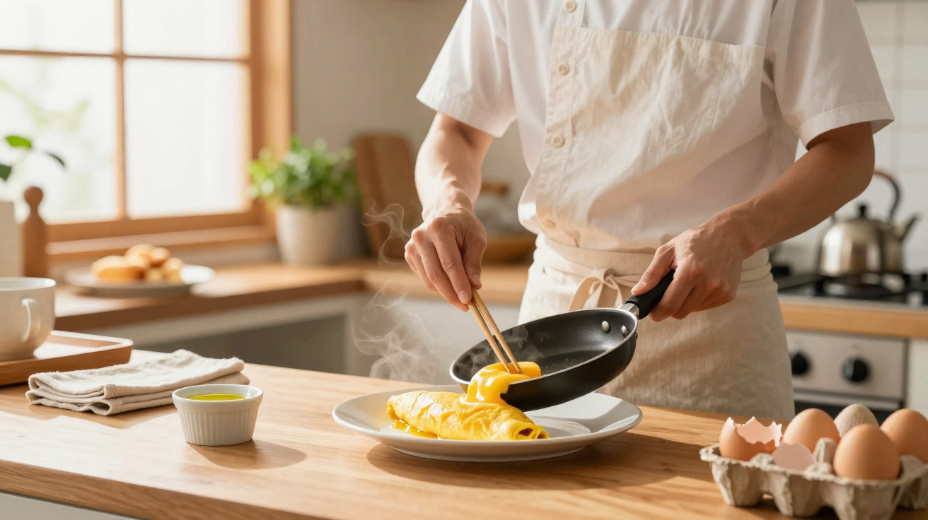 Pessoa a cozinhar omelete numa cozinha luminosa, usando pauzinhos para retirar do tacho.