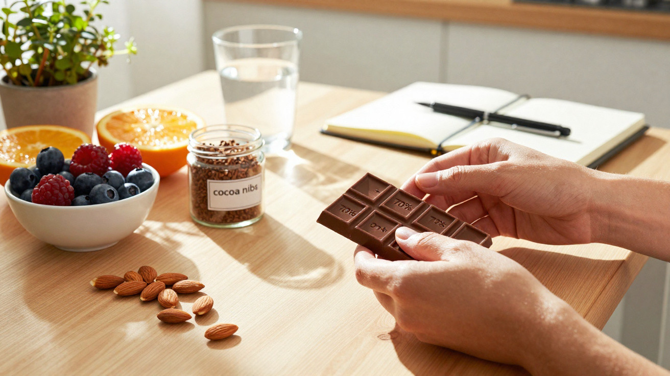 Mãos seguram tablete de chocolate junto a framboesas, mirtilos, amêndoas, jarro de nibs de cacau e copo de água numa mesa.