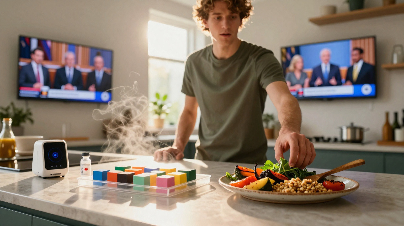 Jovem prepara refeição saudável numa cozinha moderna com televisões a passar notícias ao fundo.