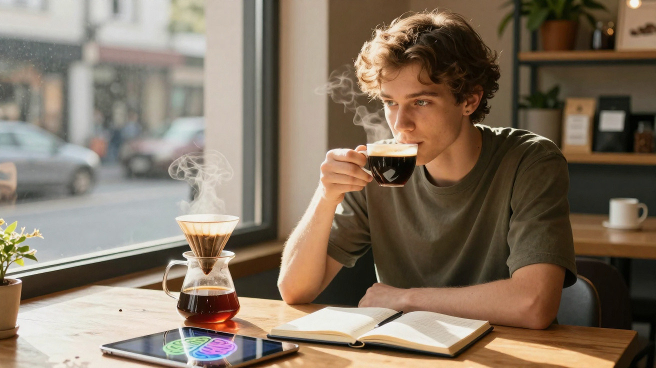 Jovem a beber café quente numa cafeteria com livro e tablet numa mesa iluminada a luz natural.