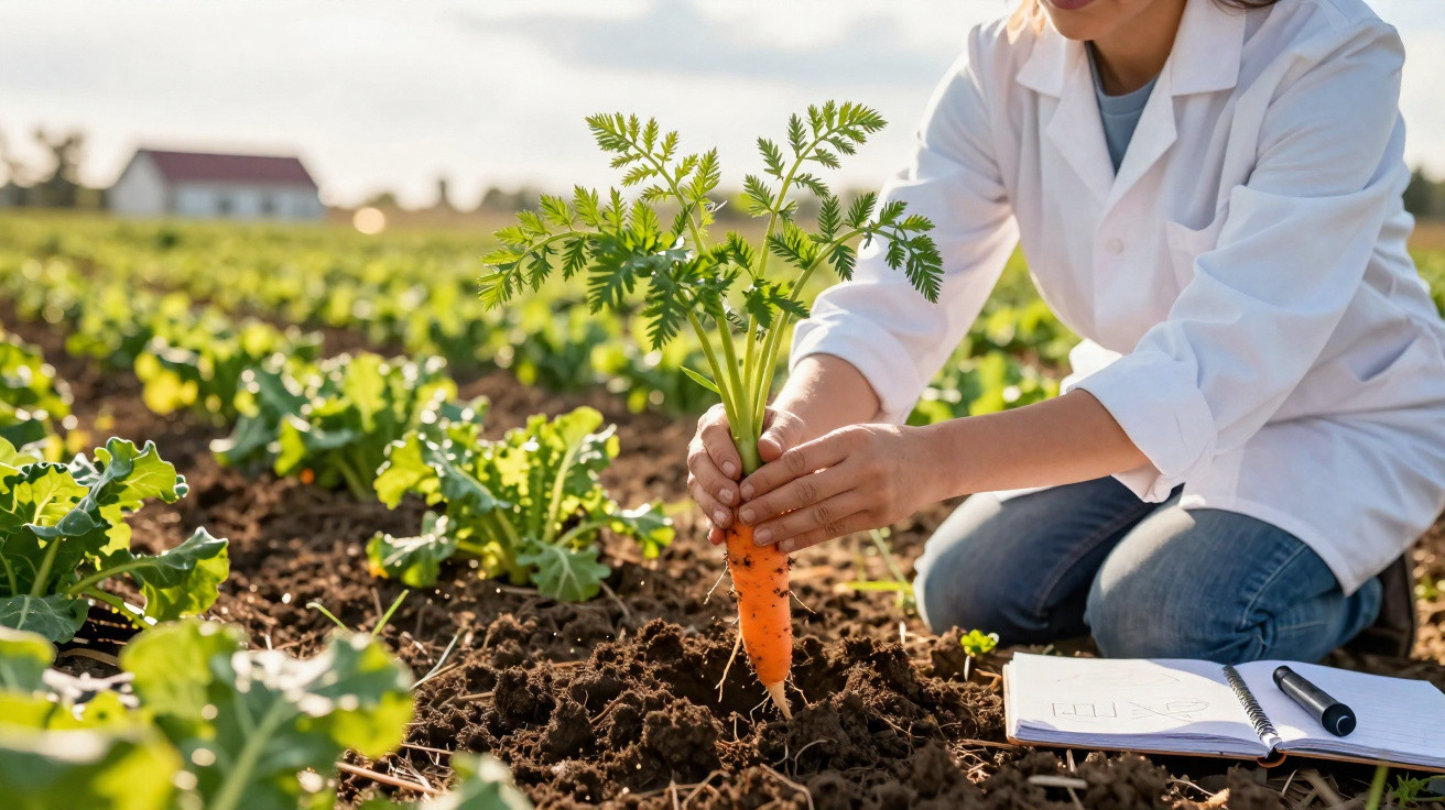 Pessoa de bata branca a colher cenoura num campo agrícola junto a caderno e caneta.