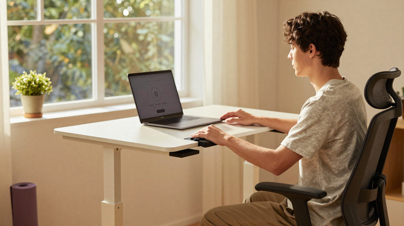 Jovem sentado numa cadeira ergonómica a usar computador portátil numa secretária ajustável junto a uma janela.