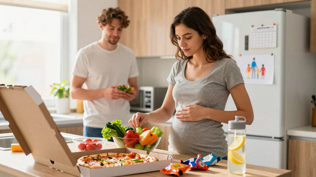 Mulher grávida e homem preparam legumes na cozinha, com pizza e snacks na bancada.