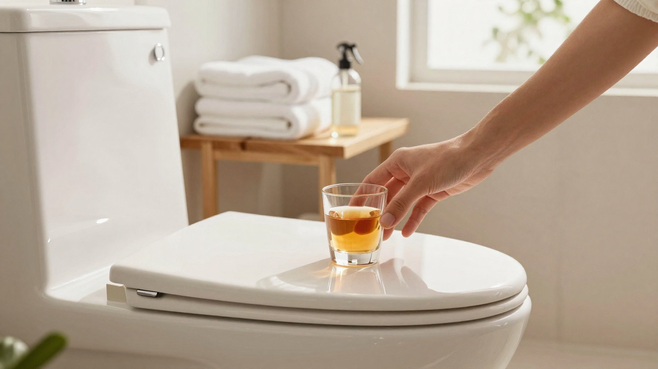 Mão a colocar um copo transparente com líquido âmbar e cerejas em cima da tampa de um sanitário branco.