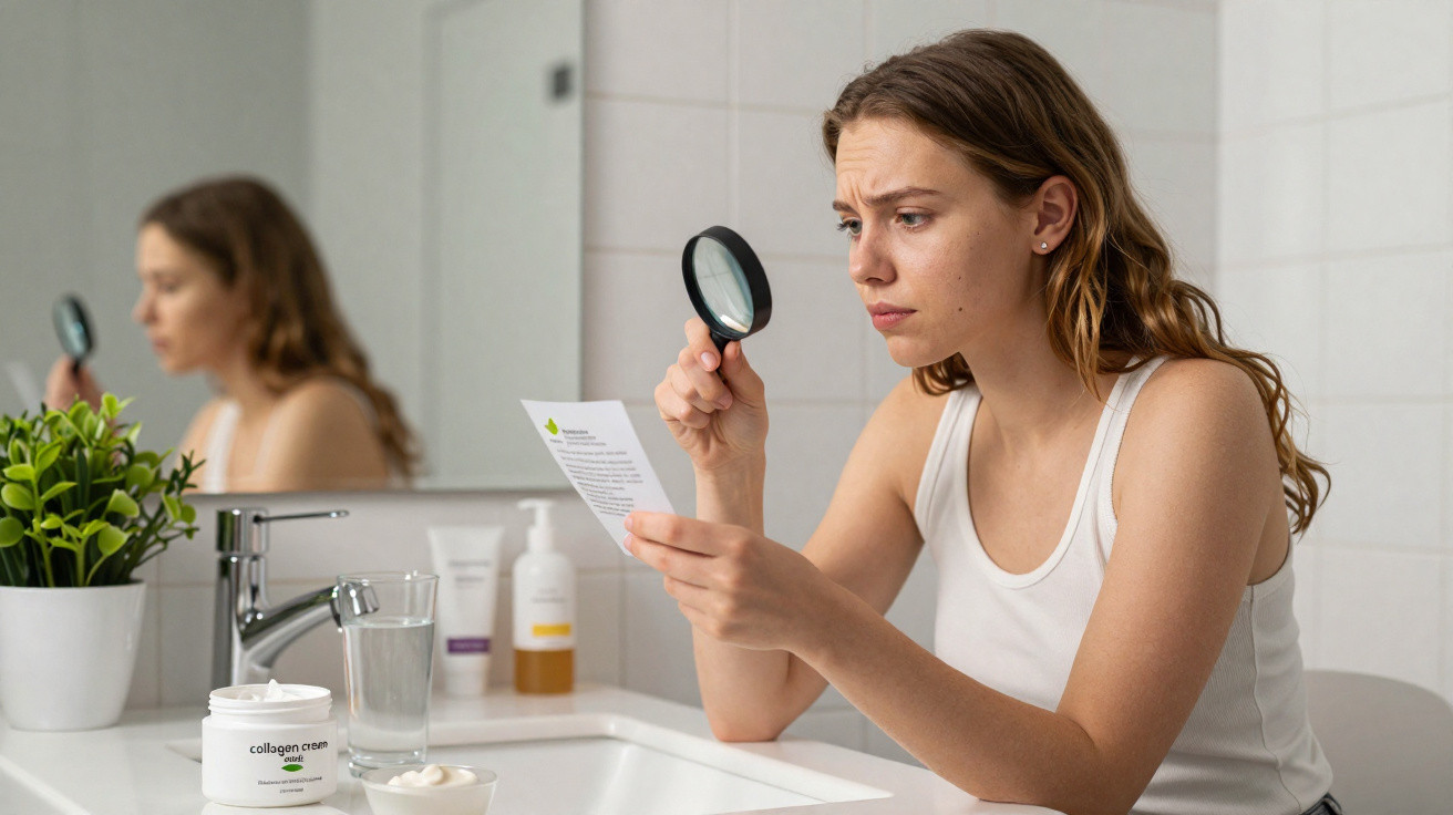 Mulher com expressão preocupada usa lupa para ler informação num folheto num banheiro.