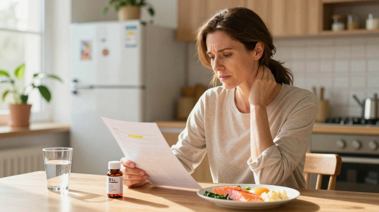 Mulher preocupa-se a ler documento, sentada à mesa com prato de comida e suplemento vitamínico à sua frente.