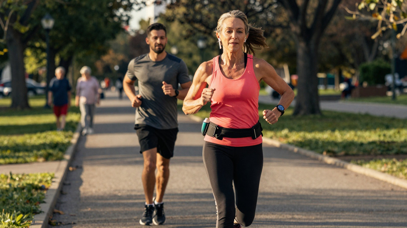 Mulher e homem a correr num parque durante o dia, com árvores e outras pessoas ao fundo.