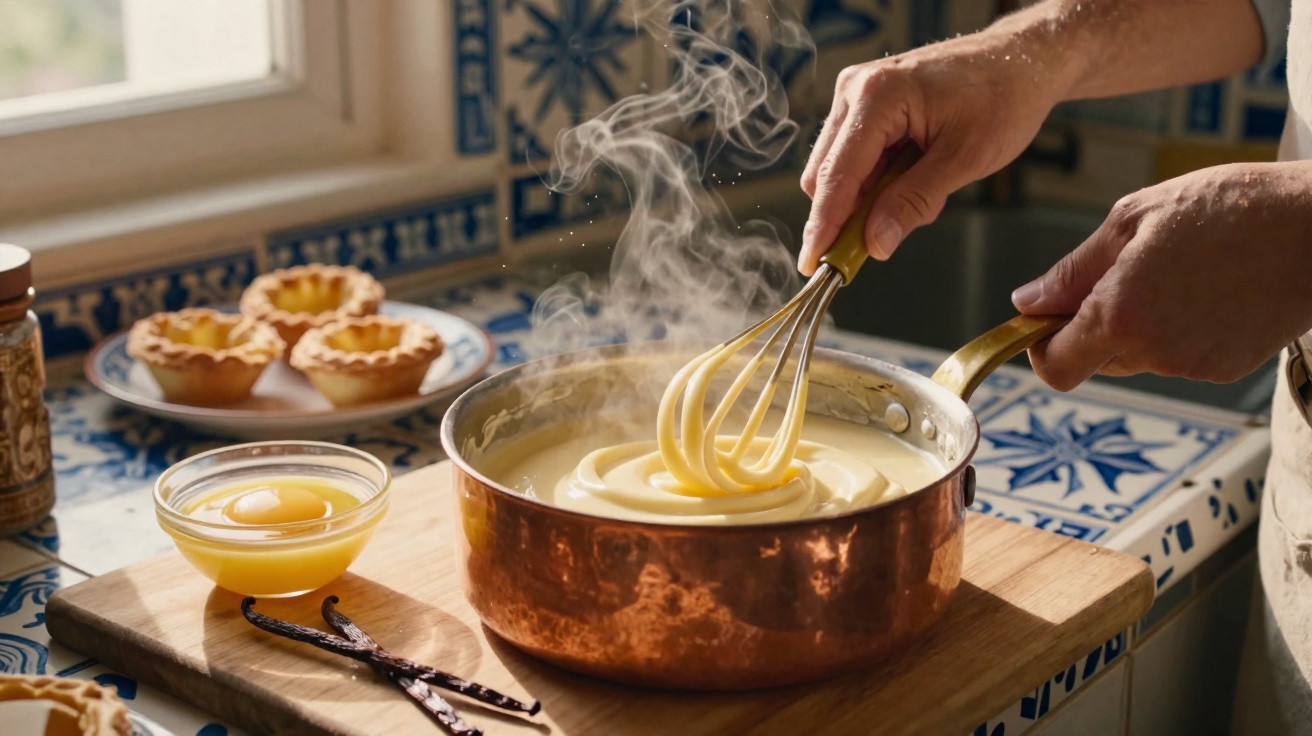 Mãos mexem creme quente com batedor numa panela de cobre numa cozinha com azulejos tradicionais.
