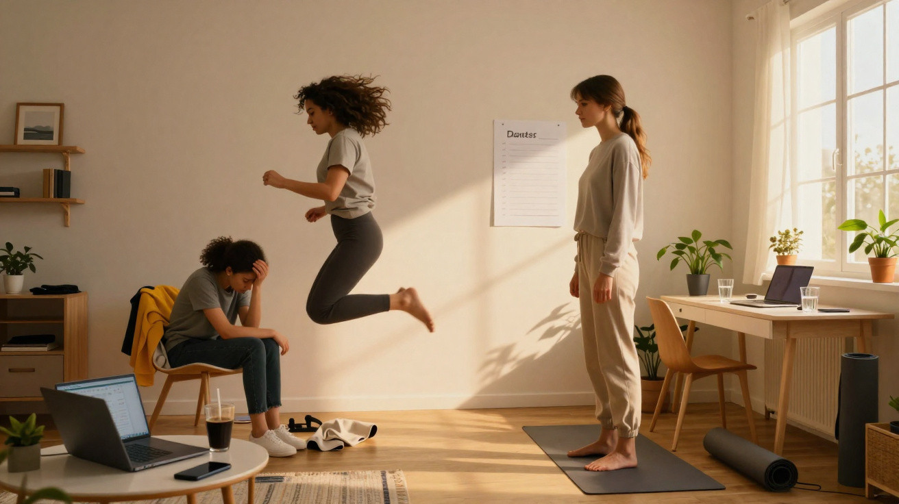 Três mulheres em diferentes poses numa sala com luz natural e ambiente calmo e organizado.